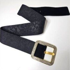 Suzi Roher Belt Rhinestone Buckle Leather Suede Elastic Black Medium